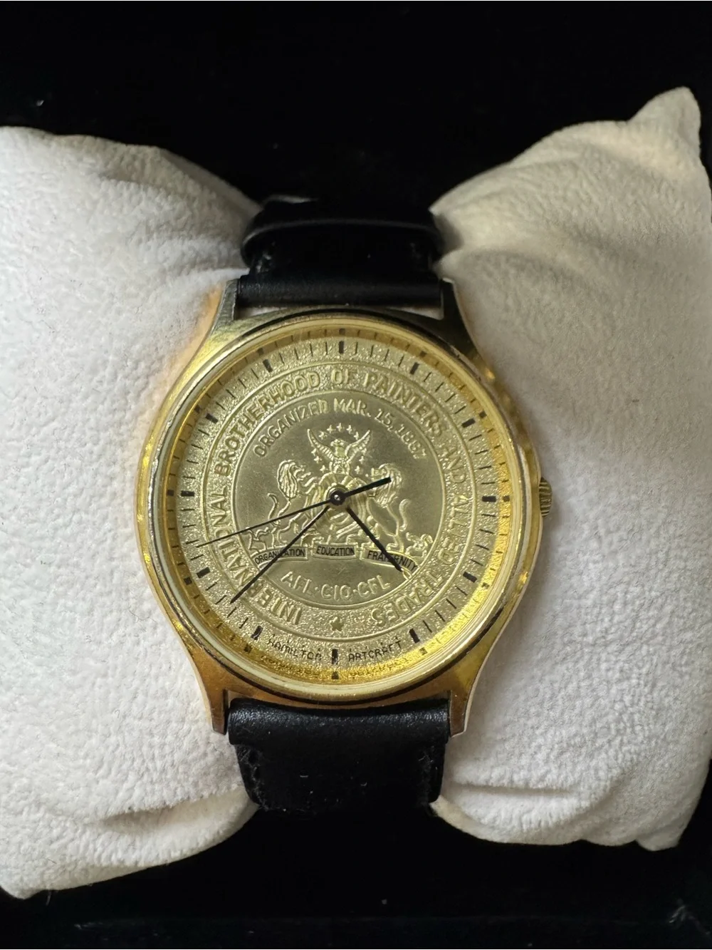 #187 Hamilton Gold Dial Watch with Black Leather Strap